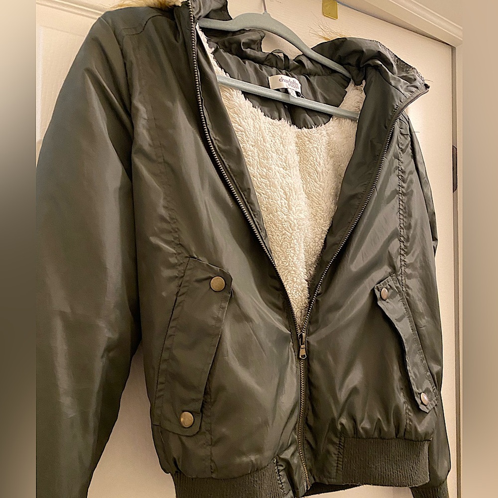 Green Bomber Jacket, Faux Fur Hood, Size M